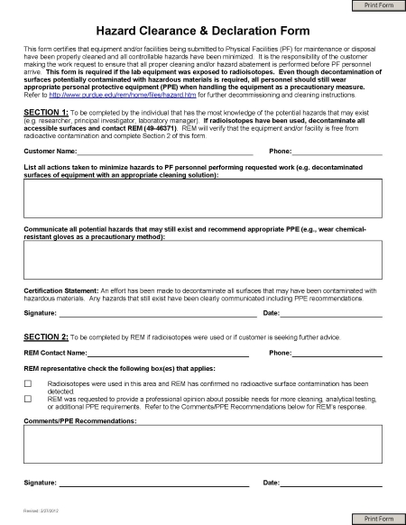 hazard clearance & declaration form